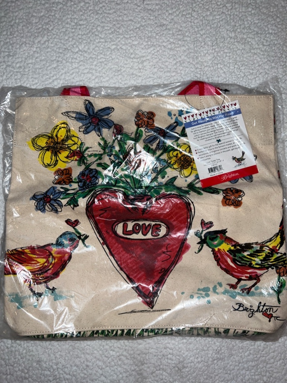 Brighton Canvas Love Tweet Tote with Red Heart, Multicolor Floral & Birds